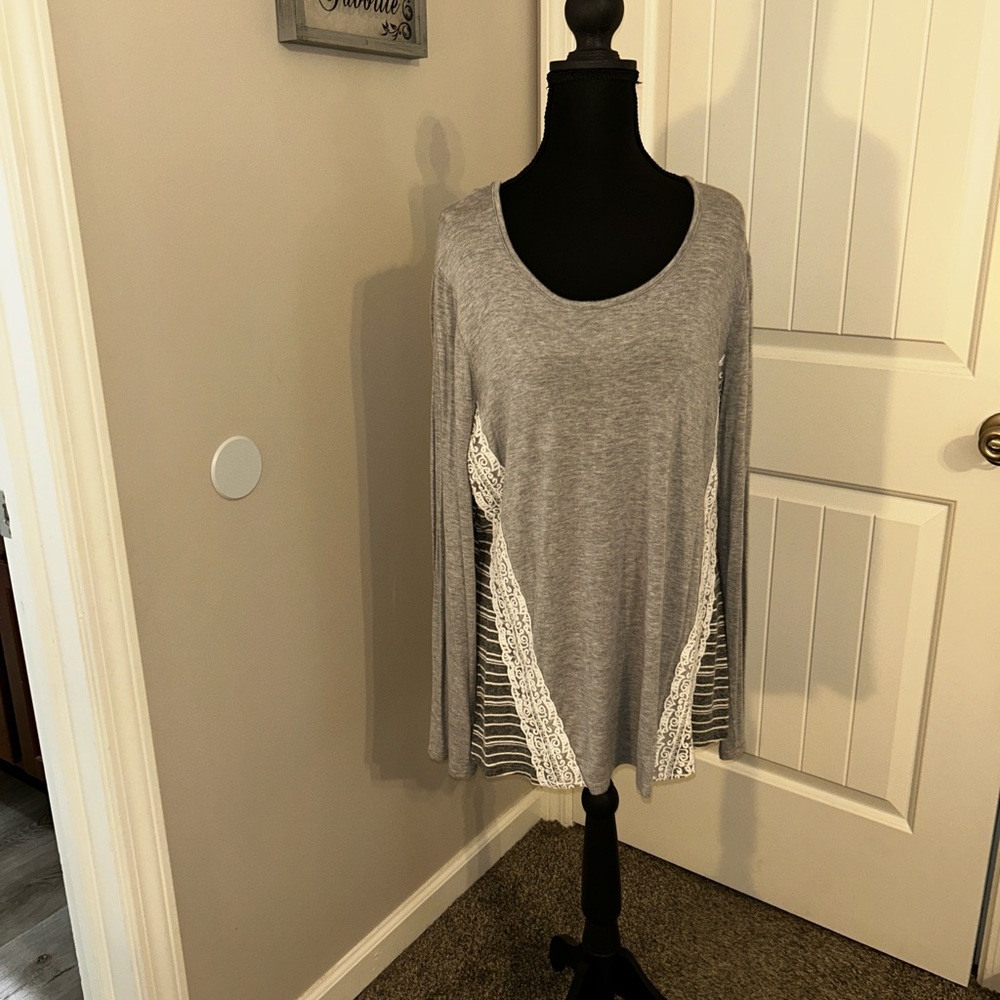 Gray Long Sleeve Top with Lace Detail